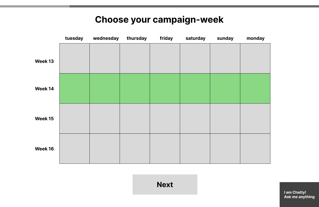 Low-fidelity schets van de datumselectie in de Brightfish Campaign Planner