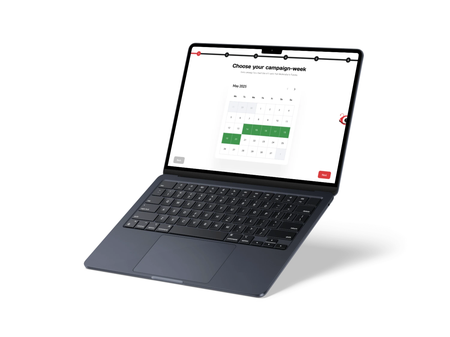 Mockup van de datumselectie in de Brightfish Campaign Planner